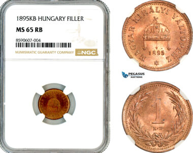 AM053, Hungary, Franz Joseph, 1 Filler 1895 KB, Kremnitz Mint, NGC MS65RB, Top Pop, Single Finest!
