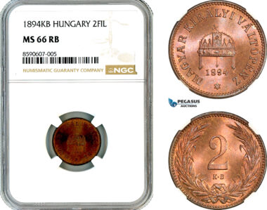 AM054, Hungary, Franz Joseph, 2 Filler 1894 KB, Kremnitz Mint, NGC MS66RB, Top Pop, Single Finest!