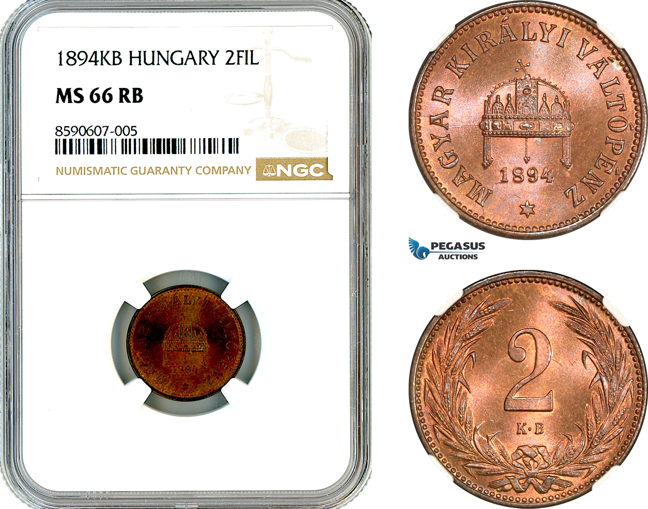 AM054, Hungary, Franz Joseph, 2 Filler 1894 KB, Kremnitz Mint, NGC MS66RB, Top Pop, Single Finest!