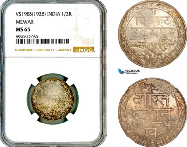 AM056, India, Mewar, Fatteh Singh, 1/2 Rupee SE1985 (1918), Calcutta Mint, Silver, NGC MS65