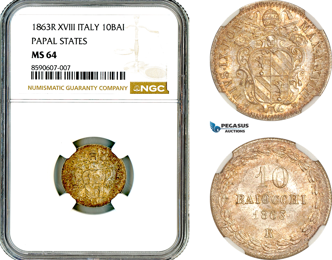 AM057, Italy, Papal States, Pius IX, 10 Baiocchi 1863 R AN٠XVIII, Rome Mint, Silver, NGC MS64