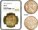 AM059, Latvia, 5 Lati 1931, London Mint, Silver, NGC MS63