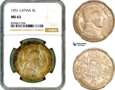 AM059, Latvia, 5 Lati 1931, London Mint, Silver, NGC MS63