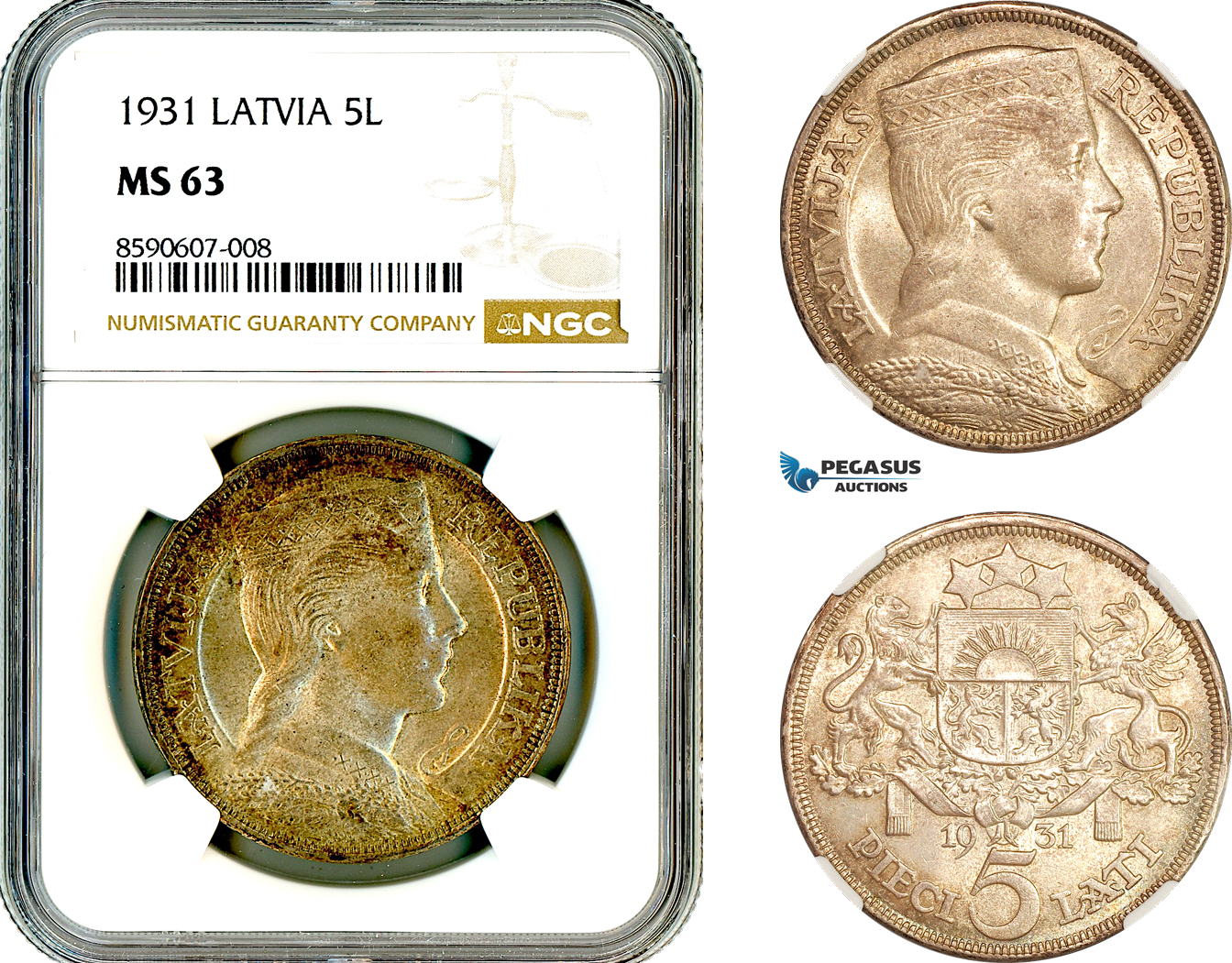 AM059, Latvia, 5 Lati 1931, London Mint, Silver, NGC MS63