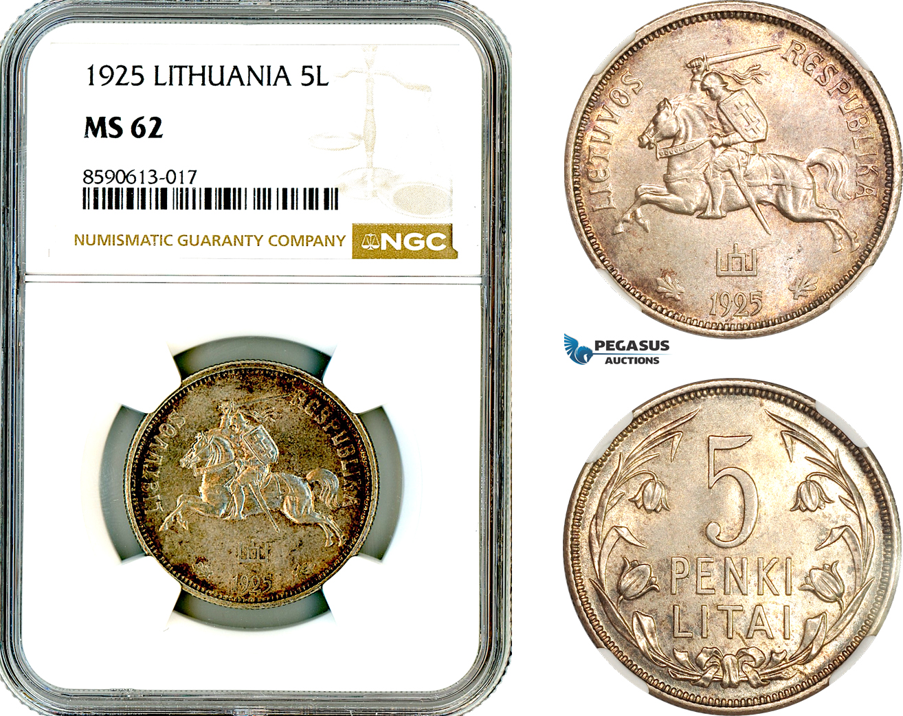 AM061, Lithuania, 5 Litai 1925, London Mint, Silver, NGC MS62