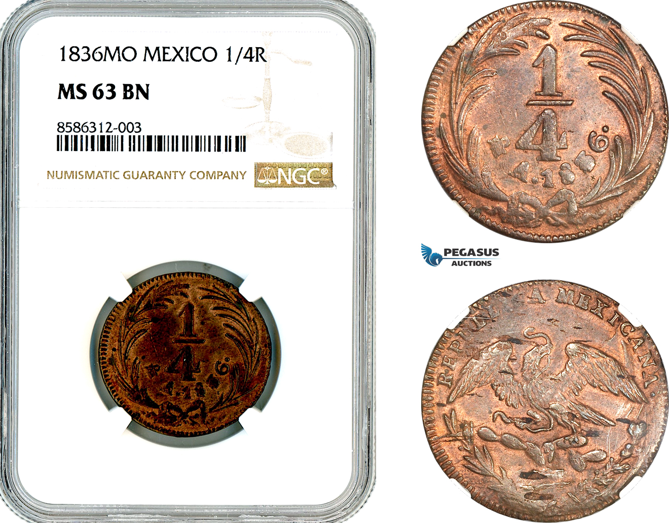 AM062, Mexico, Federal Coinage, 1/4 Real 1836 Mo, Mexico Mint, NGC MS63BN, Top Pop!