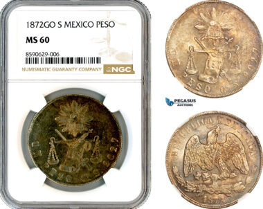 AM063, Mexico, 1 Peso 1872 GO S, Guanajuato Mint, Silver, NGC MS60