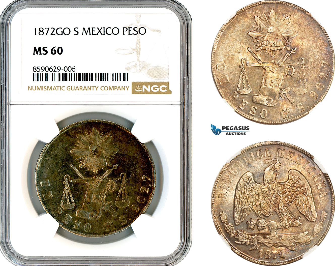 AM063, Mexico, 1 Peso 1872 GO S, Guanajuato Mint, Silver, NGC MS60