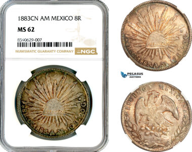 AM064, Mexico, 8 Reales 1883 CN AM, Culiacan Mint, Silver, NGC MS62