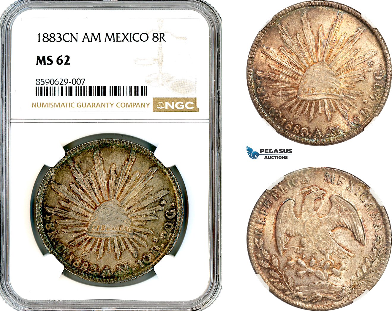 AM064, Mexico, 8 Reales 1883 CN AM, Culiacan Mint, Silver, NGC MS62