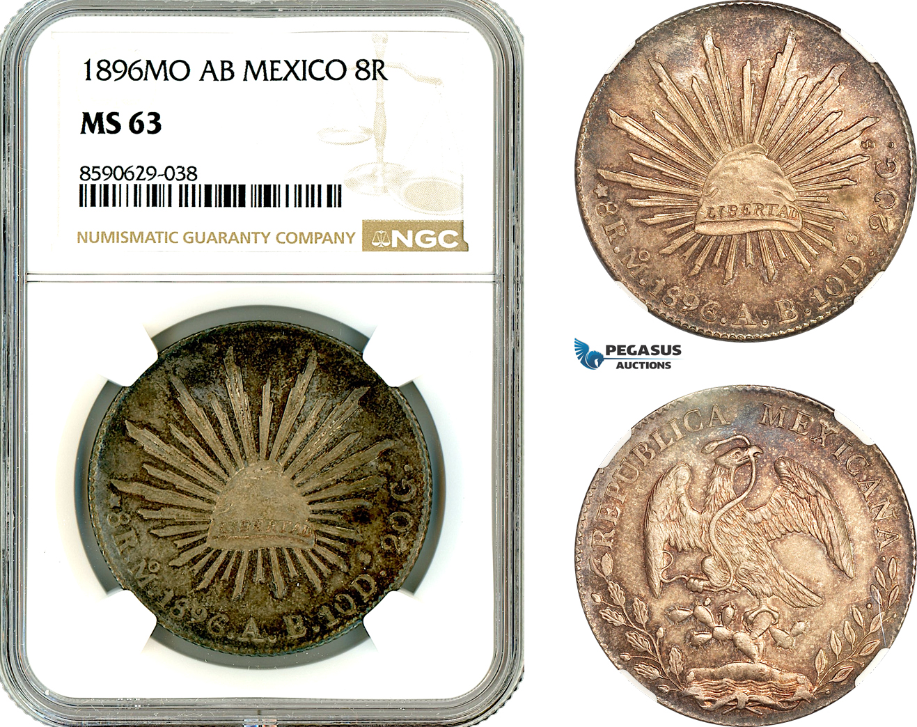 AM065, Mexico, 8 Reales 1896 Mo AB, Mexico Mint, Silver, NGC MS63