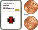 AM068, Netherlands East Indies, 1/2 Cent 1908, Utrecht Mint, NGC MS65RD