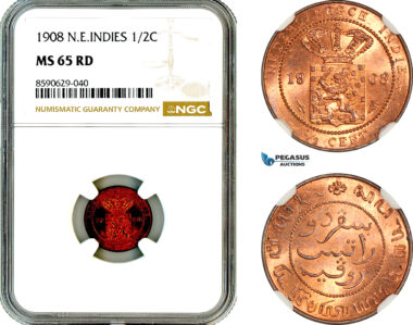 AM068, Netherlands East Indies, 1/2 Cent 1908, Utrecht Mint, NGC MS65RD