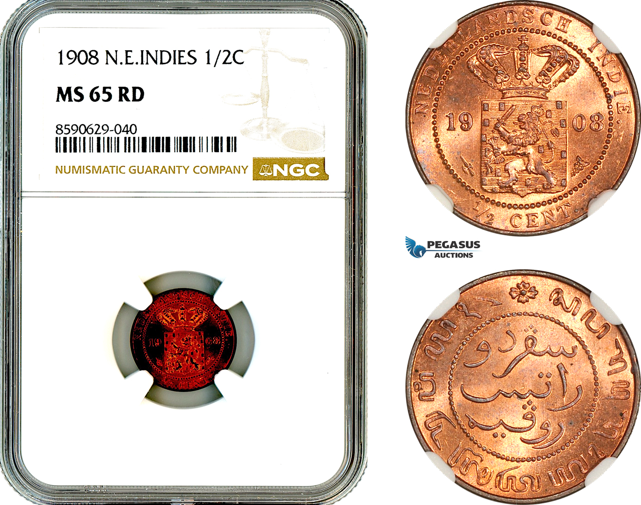 AM068, Netherlands East Indies, 1/2 Cent 1908, Utrecht Mint, NGC MS65RD