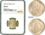 AM069, Peru, 1/5 Sol 1874 YJ, Lima Mint, Silver, NGC MS63
