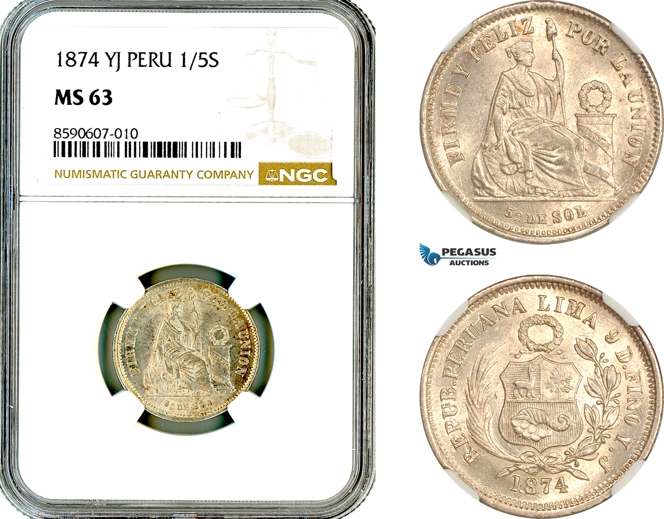 AM069, Peru, 1/5 Sol 1874 YJ, Lima Mint, Silver, NGC MS63