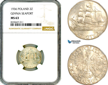 AM070, Poland, 2 Zlote 1936, Warsaw Mint, Silver, Gdynia Seaport, NGC MS63