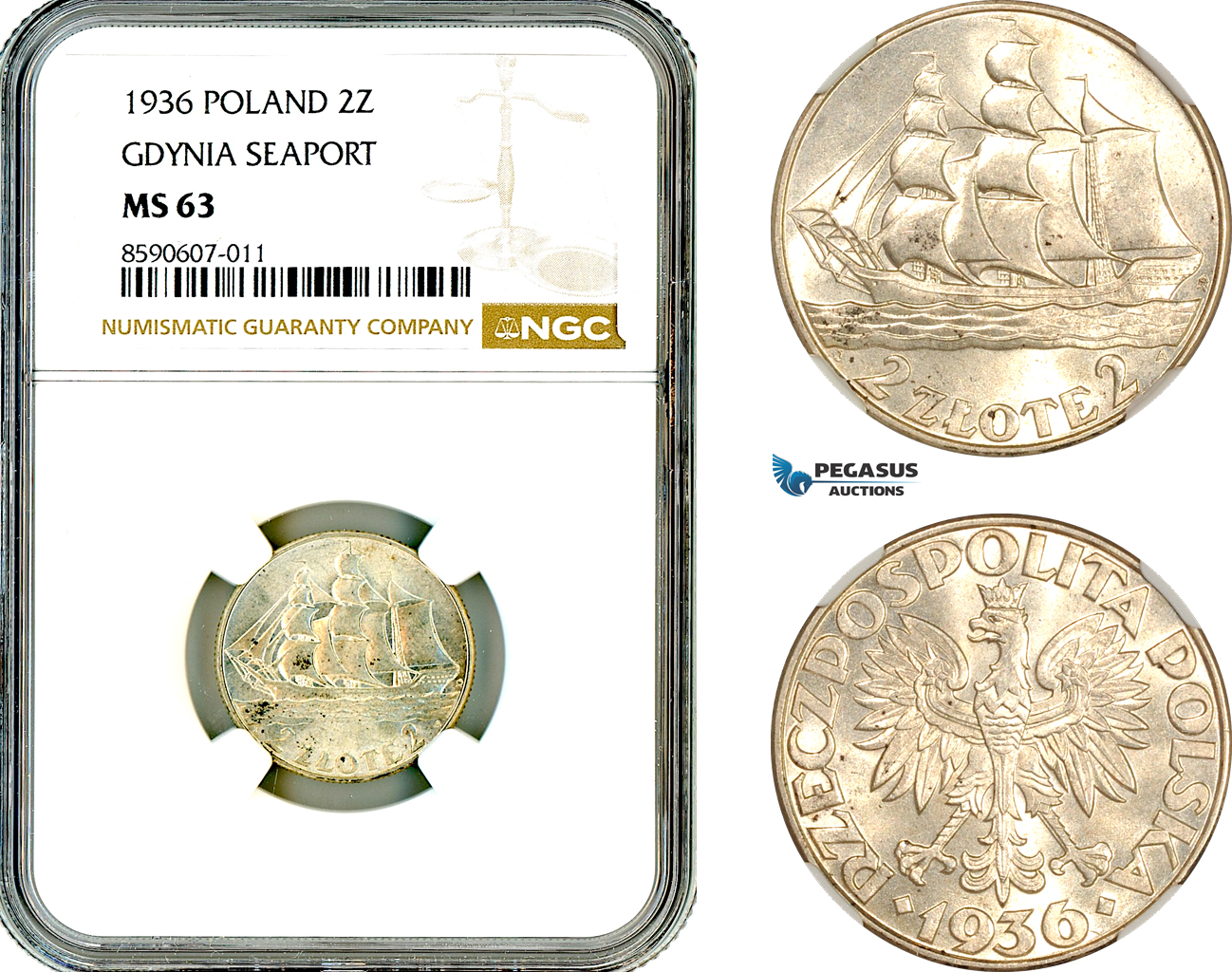AM070, Poland, 2 Zlote 1936, Warsaw Mint, Silver, Gdynia Seaport, NGC MS63