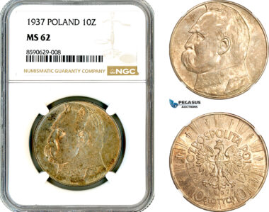 AM072, Poland, 10 Zlotych 1937, Warsaw Mint, Silver, Jozef Pilsudski, NGC MS62