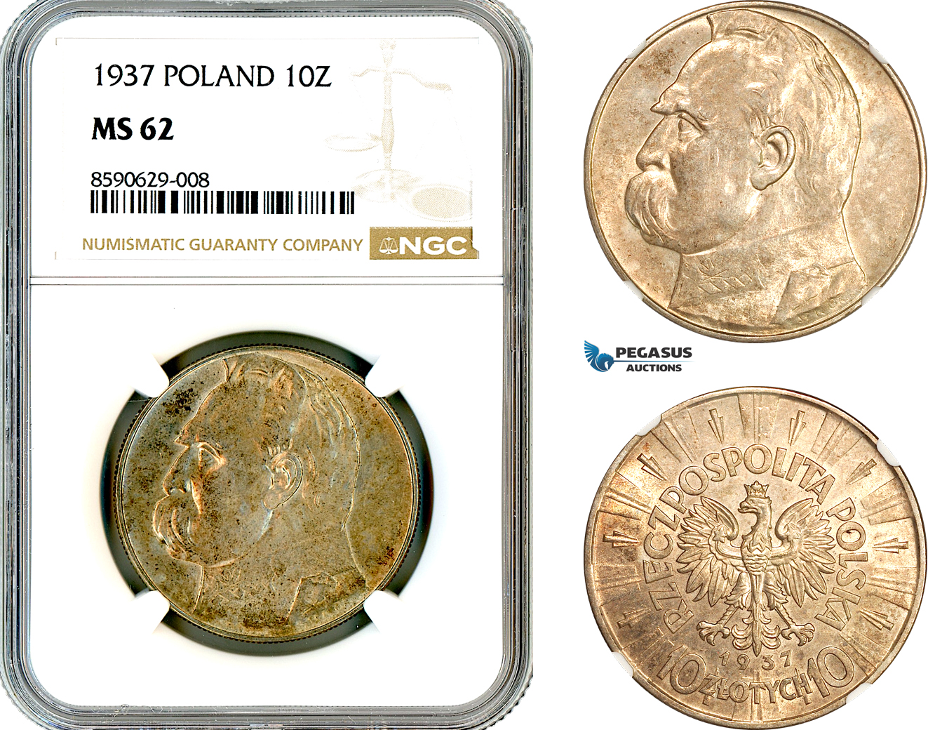AM072, Poland, 10 Zlotych 1937, Warsaw Mint, Silver, Jozef Pilsudski, NGC MS62