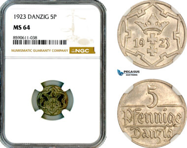AM074, Poland, Danzig, 5 Pfennige 1923, Berlin Mint, NGC MS64