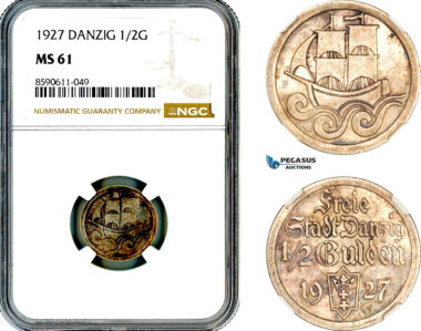 AM076, Poland, Danzig, 1/2 Gulden 1927, Gdansk Mint, Silver, NGC MS61