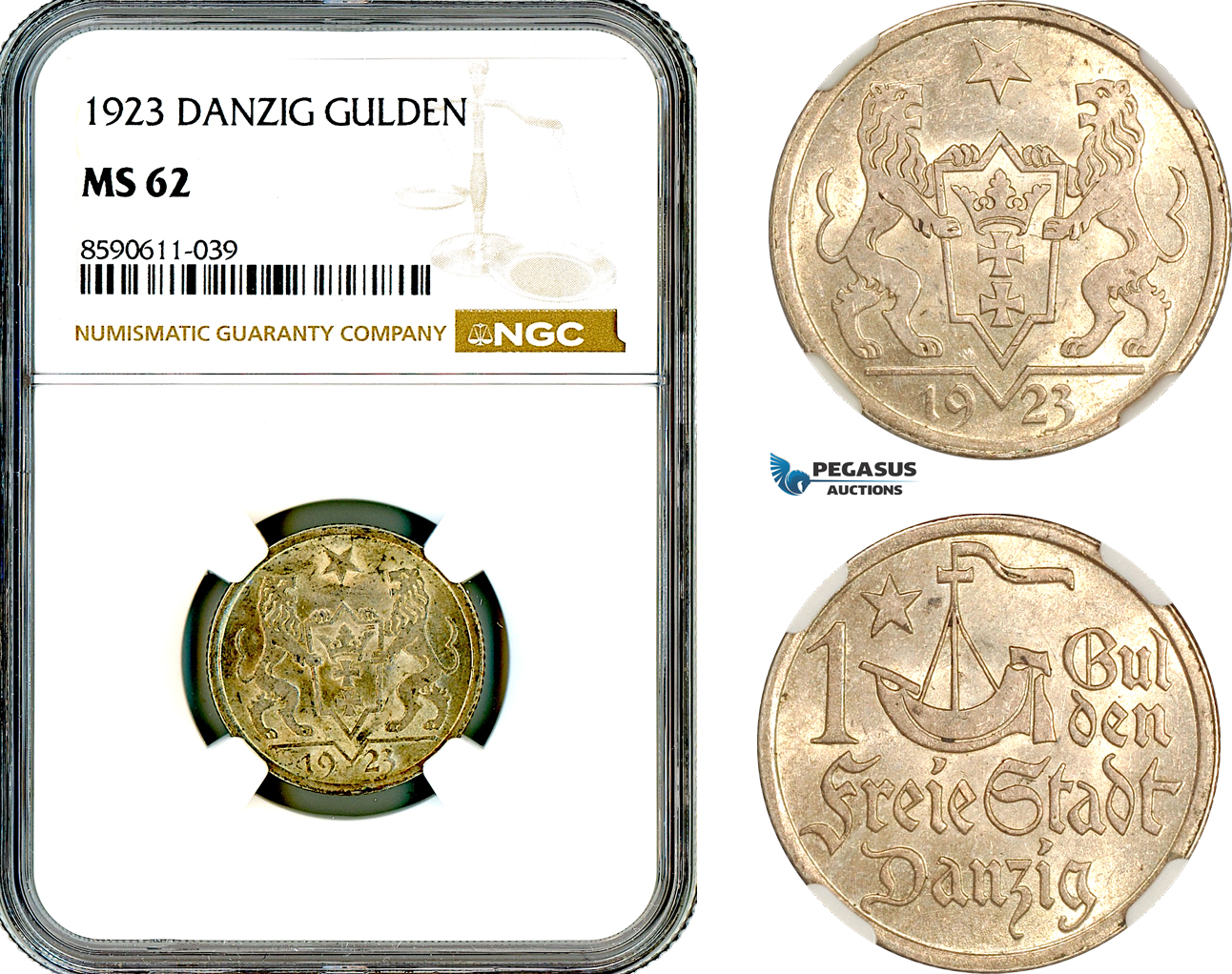 AM077, Poland, Danzig, 1 Gulden 1923, Berlin Mint, Silver, NGC MS62