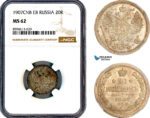 AM091, Russia, Nicholas II, 20 Kopeks 1907 СПБ ЭБ, St. Petersburg Mint, Silver, NGC MS62