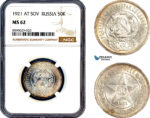 AM094, Russia, Soviet, 50 Kopeks 1921 АГ, Leningrad Mint, Silver, NGC MS62