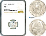 AM098, Russia, USSR, 10 Kopeks 1929, Leningrad Mint, Silver, NGC MS64