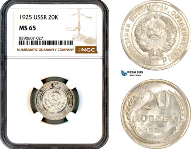 AM101, Russia, USSR, 20 Kopeks 1925, Leningrad Mint, Silver, NGC MS65
