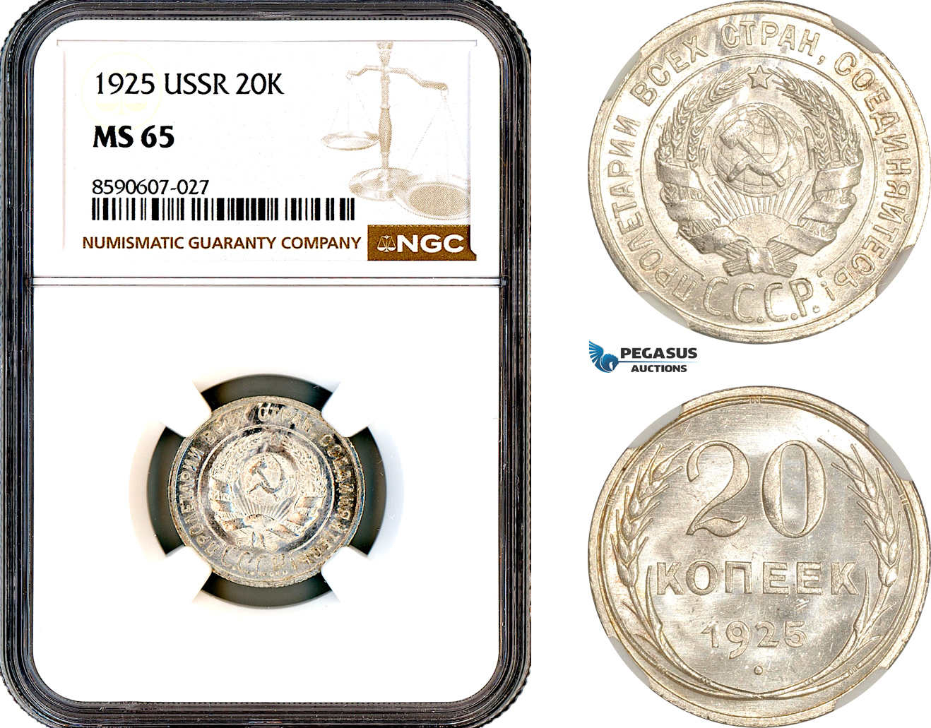 AM101, Russia, USSR, 20 Kopeks 1925, Leningrad Mint, Silver, NGC MS65