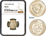 AM102, Russia, USSR, 20 Kopeks 1928, Leningrad Mint, Silver, NGC MS65