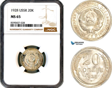 AM102, Russia, USSR, 20 Kopeks 1928, Leningrad Mint, Silver, NGC MS65