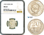 AM103, Russia, USSR, 20 Kopeks 1929, Leningrad Mint, Silver, NGC MS63
