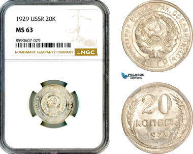 AM103, Russia, USSR, 20 Kopeks 1929, Leningrad Mint, Silver, NGC MS63