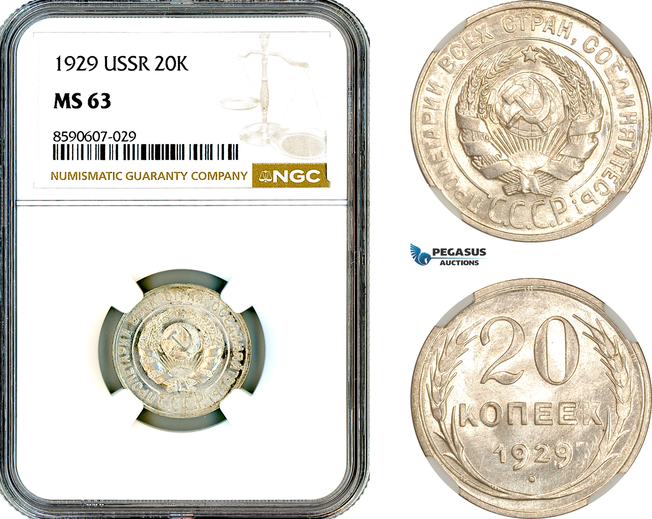 AM103, Russia, USSR, 20 Kopeks 1929, Leningrad Mint, Silver, NGC MS63