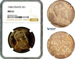 AM109, Straits Settlements, Edward VII, 1 Dollar 1908, London Mint, Silver, NGC MS61