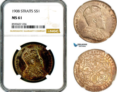 AM109, Straits Settlements, Edward VII, 1 Dollar 1908, London Mint, Silver, NGC MS61