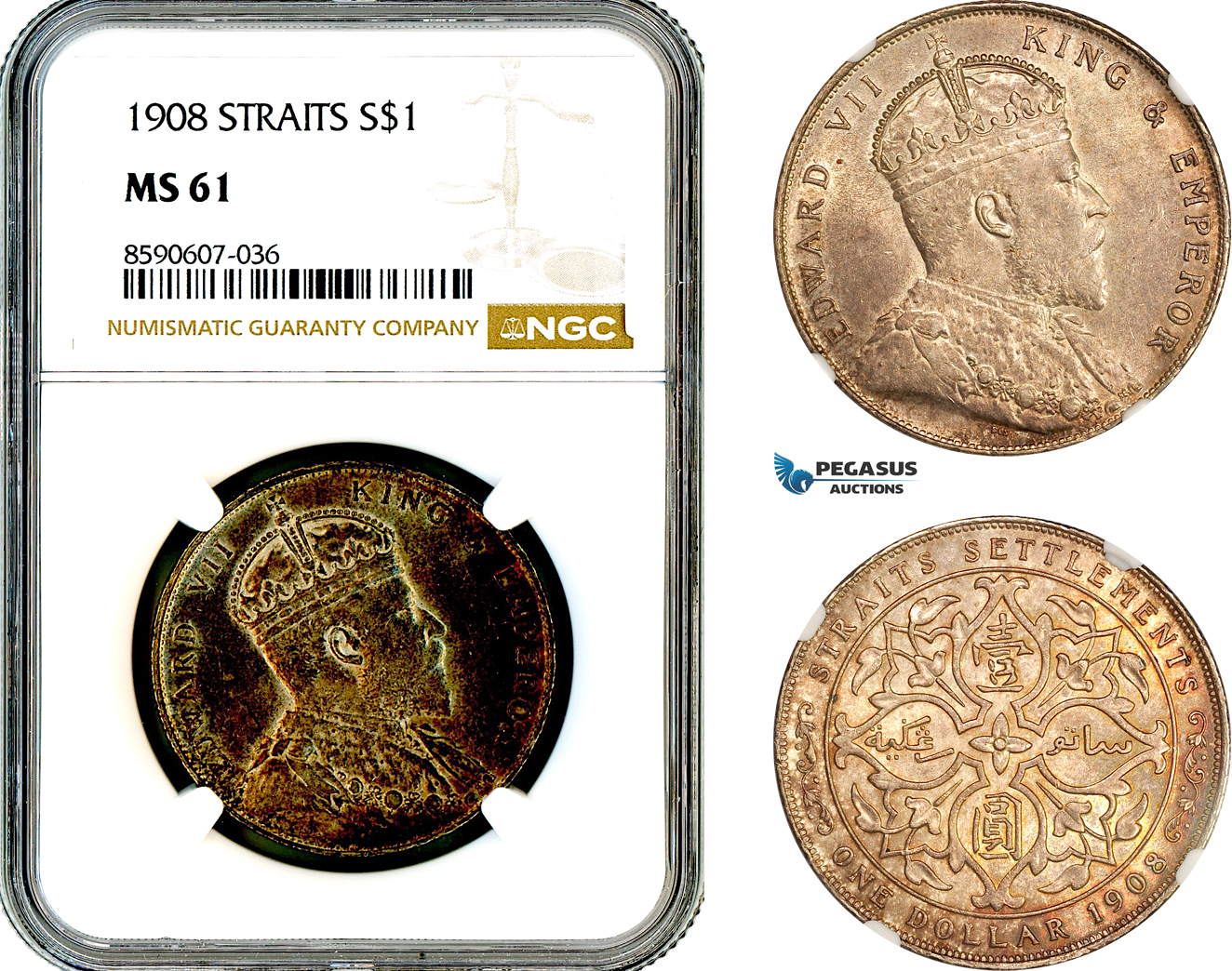 AM109, Straits Settlements, Edward VII, 1 Dollar 1908, London Mint, Silver, NGC MS61