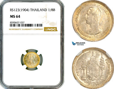 AM110, Thailand, Rama V, 1/8 Baht RS123 (1904) Silver, NGC MS64