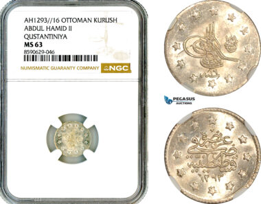 AM111, Turkey, Ottoman Empire, Abdulhamid II, 1 Kurush AH1293//16, Qustantiniya Mint, Silver, NGC MS63