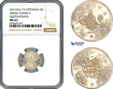 AM112, Turkey, Ottoman Empire, Abdulhamid II, 2 Kurush AH1293//19, Qustantiniya Mint, Silver, NGC MS63