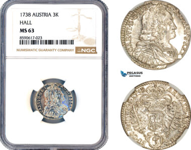 AM114, Austria, Karl VI, 3 Kreuzer 1738, Hall Mint, Silver, NGC MS63, Top Pop, Single Finest!