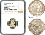 AM115, Austria, Karl VI, 3 Kreuzer 1739, Hall Mint, Silver, Value Below Eagle, NGC MS64