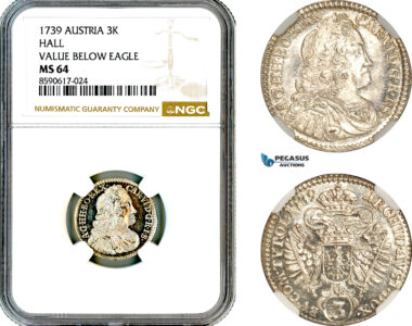 AM115, Austria, Karl VI, 3 Kreuzer 1739, Hall Mint, Silver, Value Below Eagle, NGC MS64