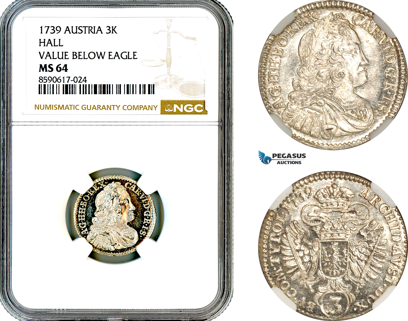 AM115, Austria, Karl VI, 3 Kreuzer 1739, Hall Mint, Silver, Value Below Eagle, NGC MS64