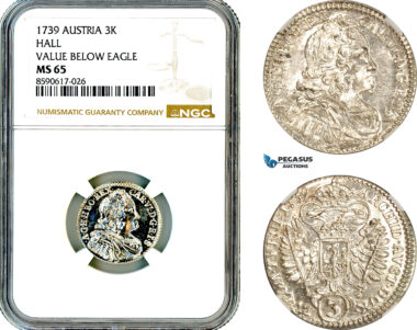 AM116, Austria, Karl VI, 3 Kreuzer 1739, Hall Mint, Silver, Value Below Eagle, NGC MS65