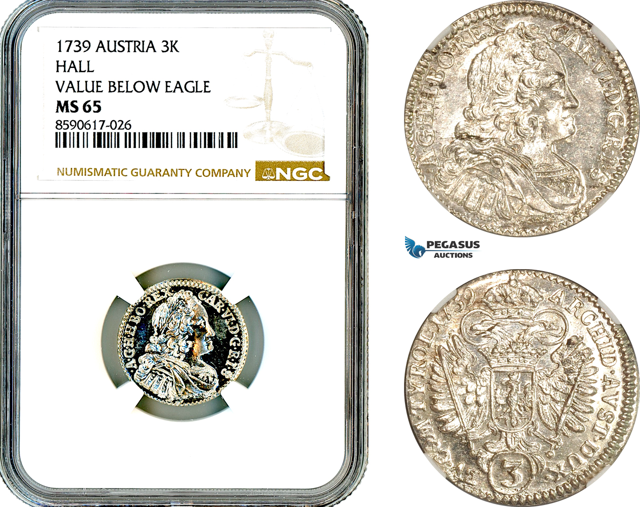 AM116, Austria, Karl VI, 3 Kreuzer 1739, Hall Mint, Silver, Value Below Eagle, NGC MS65