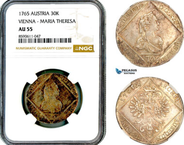 AM117, Austria, Maria Theresia, 30 Kreuzer 1765, Prague Mint, Silver, Slab error as Vienna, Rare, NGC AU55